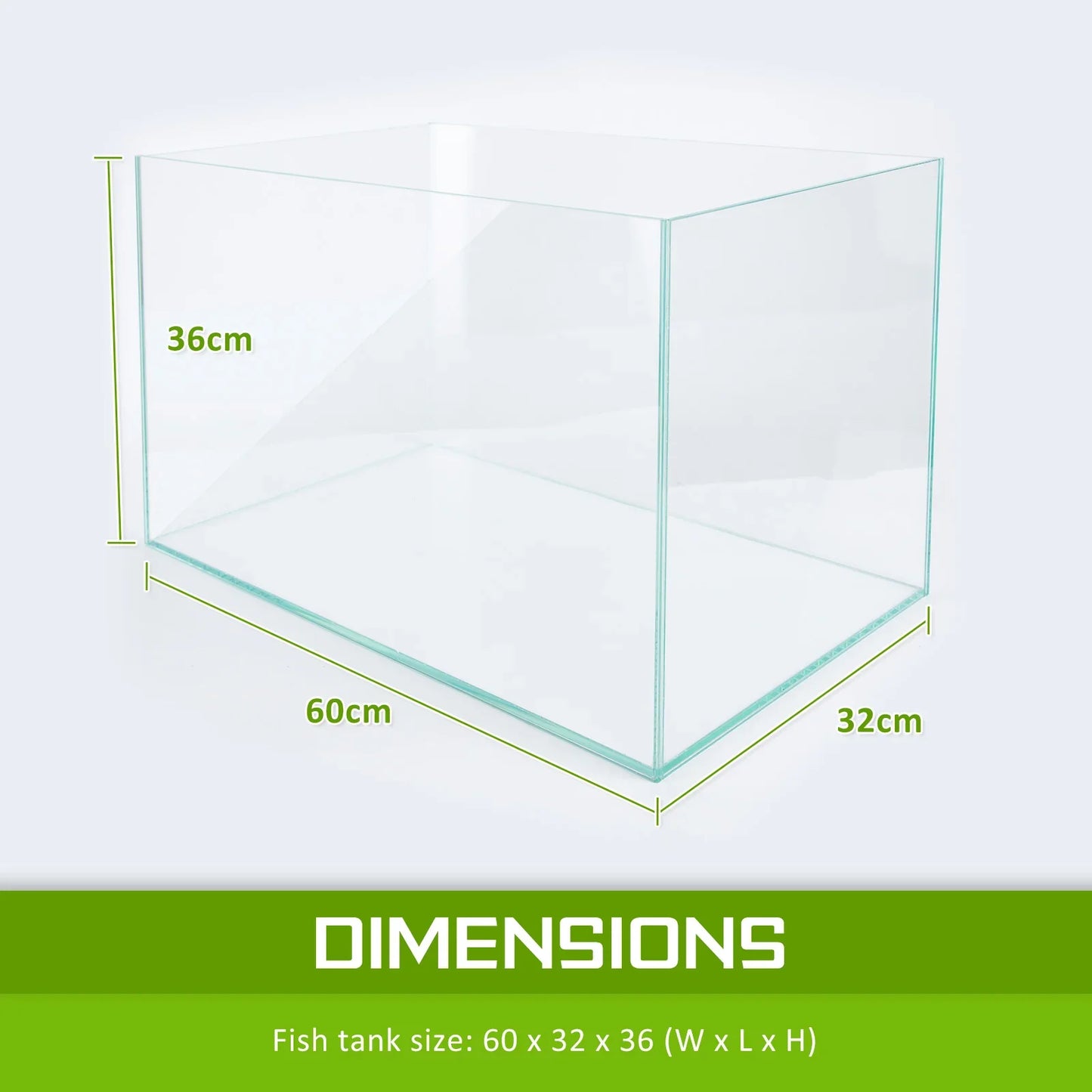 Clear glass fish tank with dimensions 60 x 32 x 36 cm shown in green text.