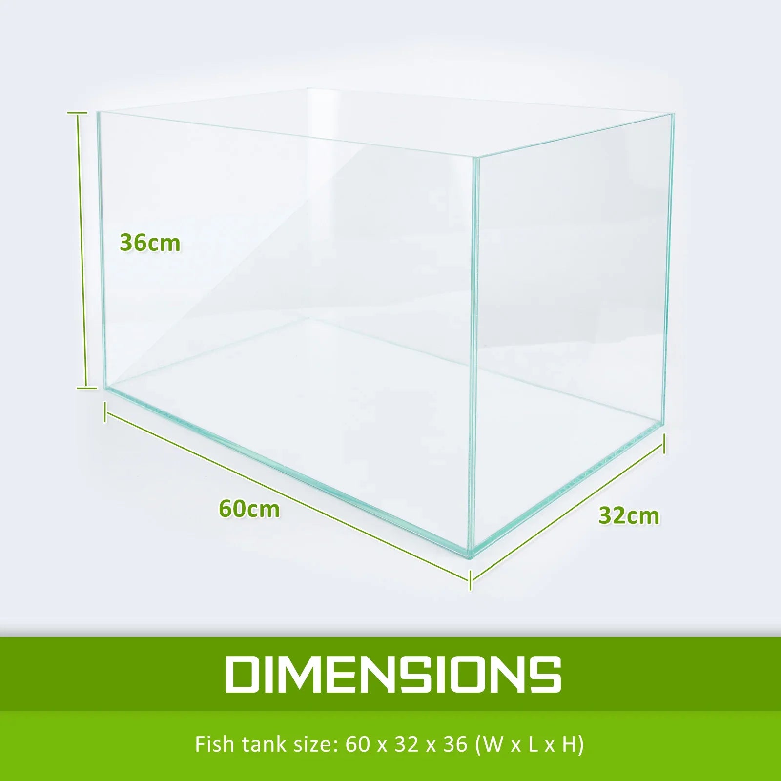 Clear glass fish tank with dimensions 60 x 32 x 36 cm shown in green text.