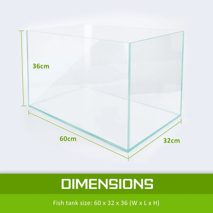 Clear glass fish tank with dimensions 60 x 32 x 36 cm shown in green text.