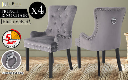 La Bella Lisse French Provincial Dining Chairs Set of 4 Grey Velvet