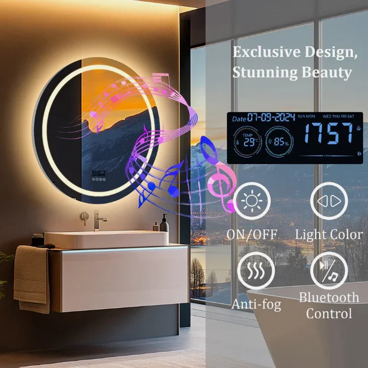LED Bathroom Mirror Round 80cm Bluetooth Frameless - Interior Ave