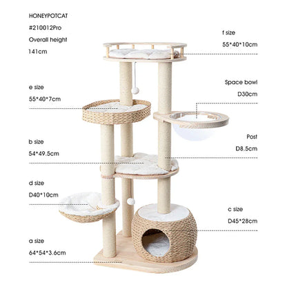 HONEYPOTCAT 141.5cm Cosy Woven Cat Perch - Multi-Level Tower