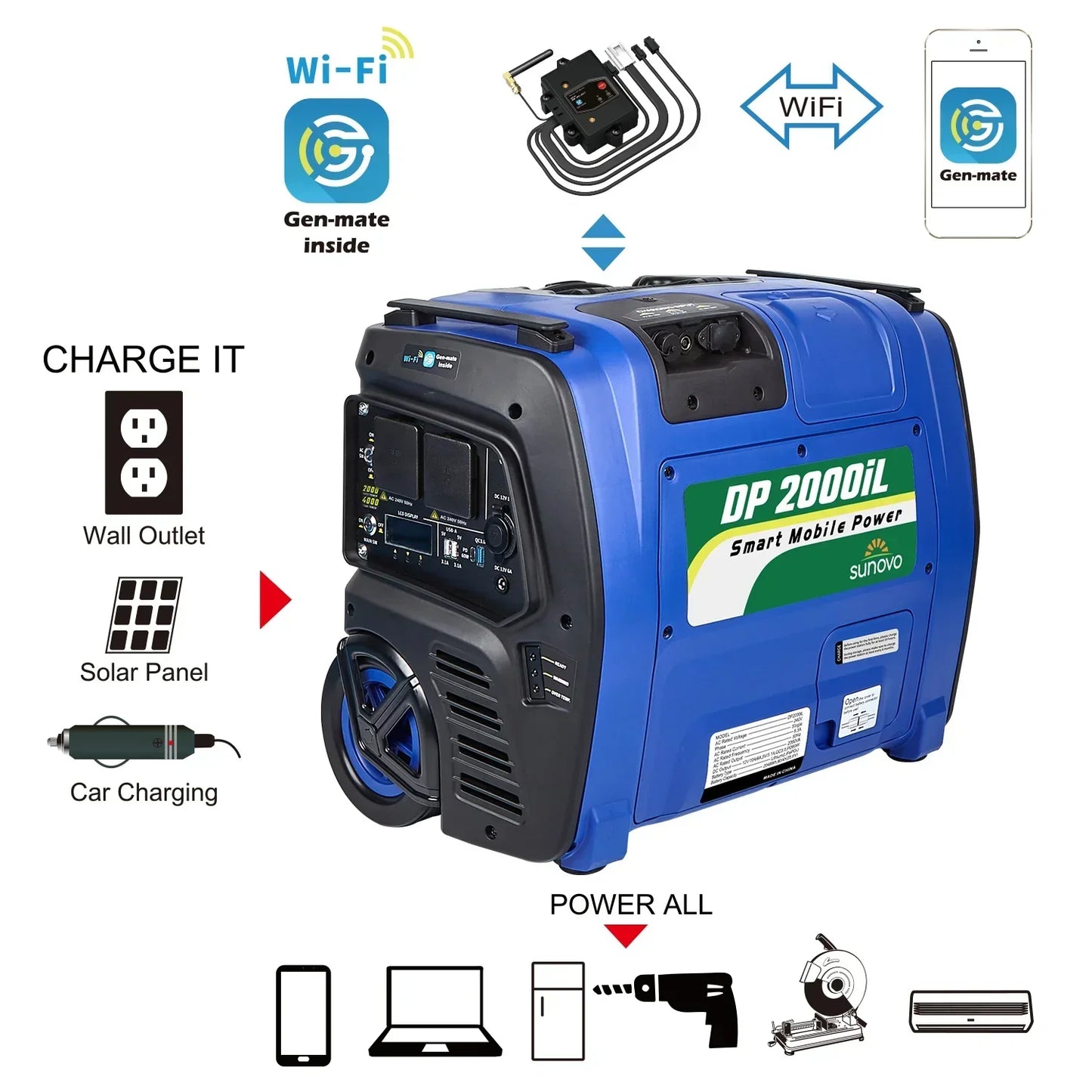 Sunovo 2000W Portable Power Station - Solar Inverter Generator