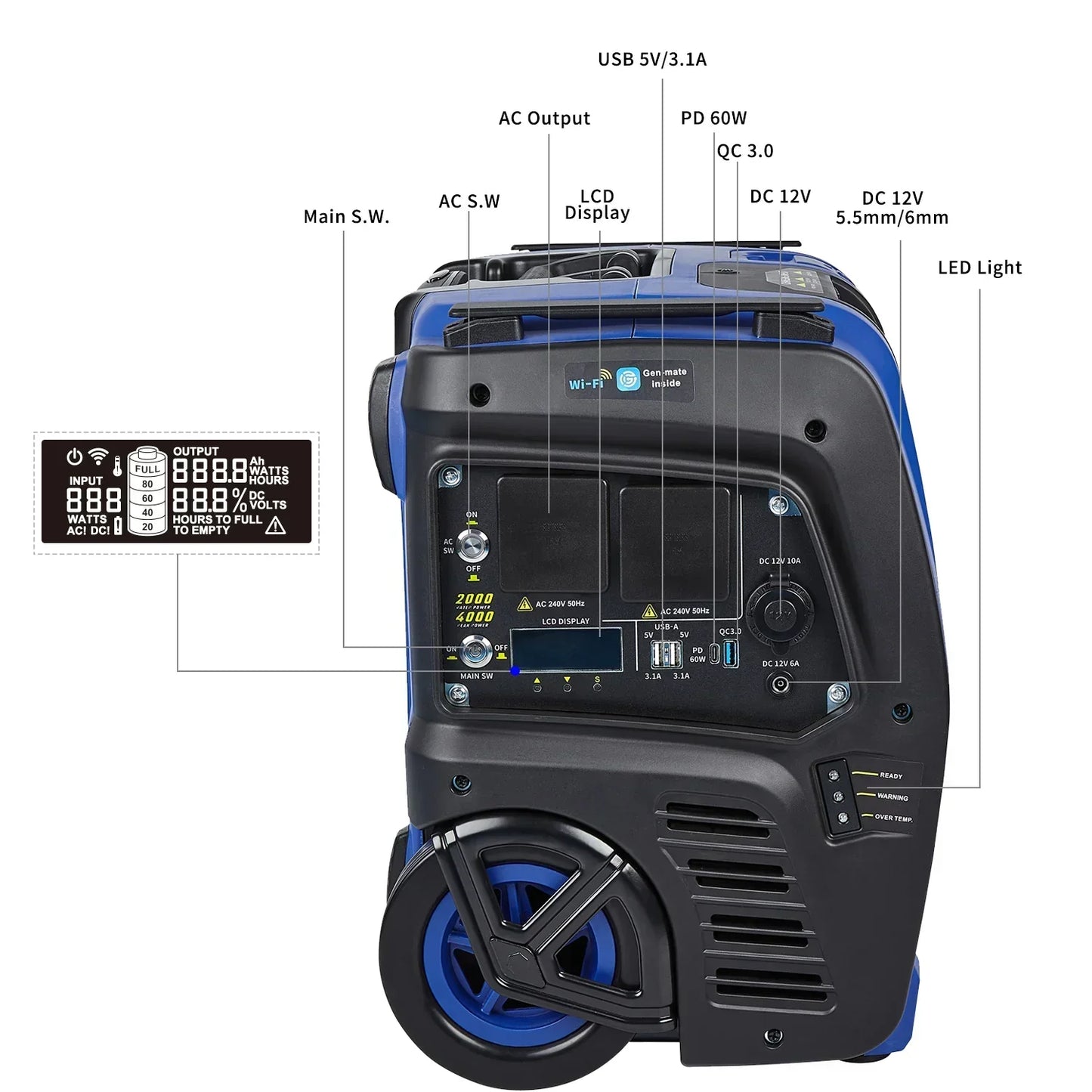 Sunovo 2000W Portable Power Station - Solar Inverter Generator