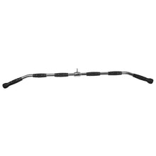 Chrome lat pulldown exercise bar with angled black rubber grips for gym cable machines