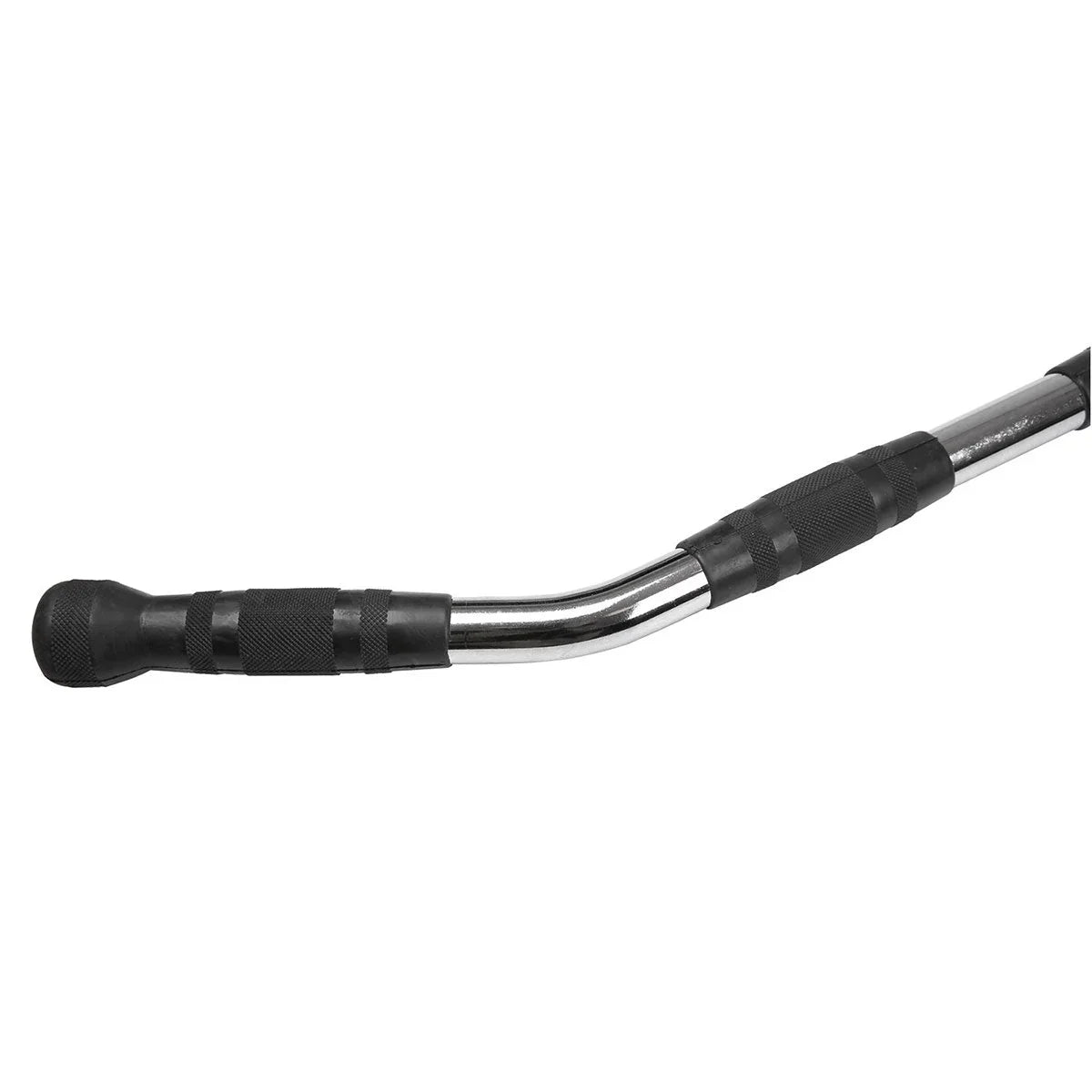 Chrome lat pulldown bar with bent design and black rubber grip handles for gym cable machines