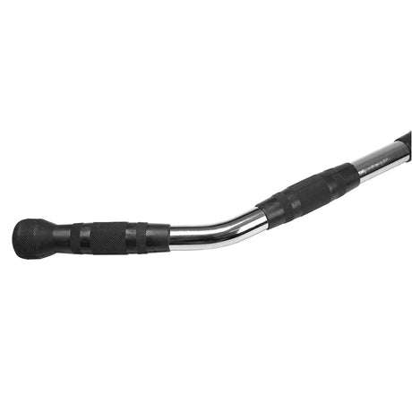 Chrome lat pulldown bar with bent design and black rubber grip handles for gym cable machines