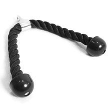 Black tricep rope attachment with rubber ends and metal loop on white background
