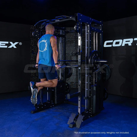 Man using CORTEX power rack machine dip station in gym with dark background