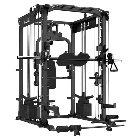 Multifunctional home gym power rack with cables, weight stacks, and attachments