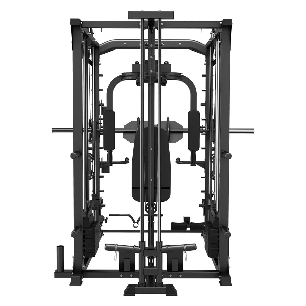 Multi-function home gym machine with cables, bench, and weight stack in black