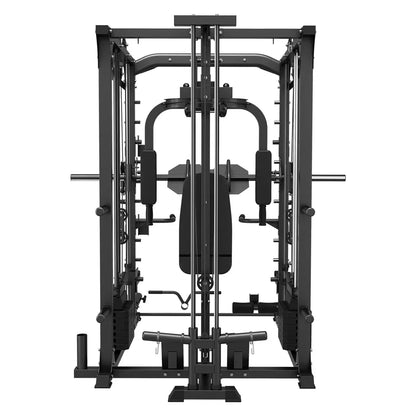 Multi-function home gym machine with cables, bench, and weight stack in black
