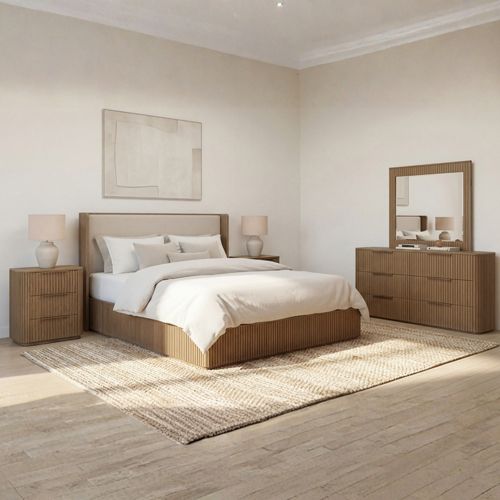 Arlo 4 piece king bedroom suite with dresser in oak, Stacks Warehouse AU
