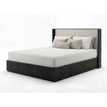 Arlo queen bed frame with upholstered headboard, part of the 4 piece black suite