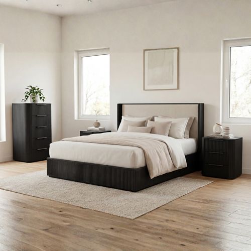 Arlo 4 piece king bedroom suite with tallboy in black, Stacks Warehouse AU
