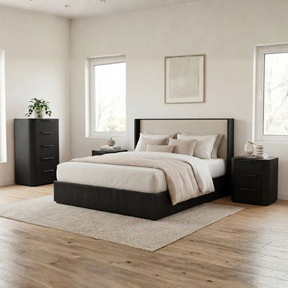 Arlo 4 piece queen bedroom suite with tallboy in black, Stacks Warehouse AU