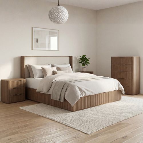 Arlo 4 piece queen bedroom suite with tallboy in oak, Stacks Warehouse AU