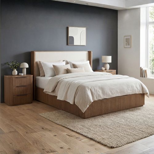 Arlo king bed frame with upholstered headboard, part of the 5 piece oak suite