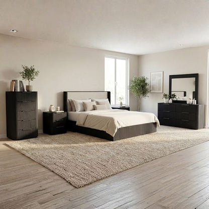 Arlo 5 piece queen bedroom suite with dresser and tallboy in black, Stacks Warehouse AU
