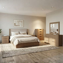 Arlo 5 piece queen bedroom suite with dresser and tallboy in oak, Stacks Warehouse AU