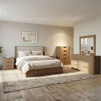 Arlo 5 piece queen bedroom suite with dresser and tallboy in oak, Stacks Warehouse AU
