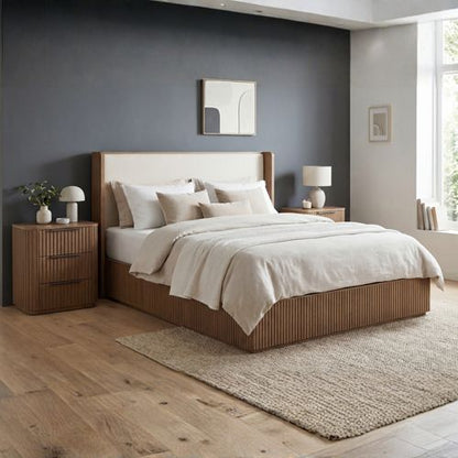 Arlo queen bed frame with upholstered headboard, part of the 5 piece oak suite