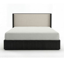 Arlo king bed frame, fabric upholstered headboard with high-density foam padding