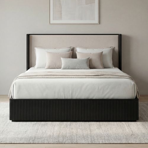 Arlo queen bed frame with upholstered headboard in black, Stacks Warehouse AU