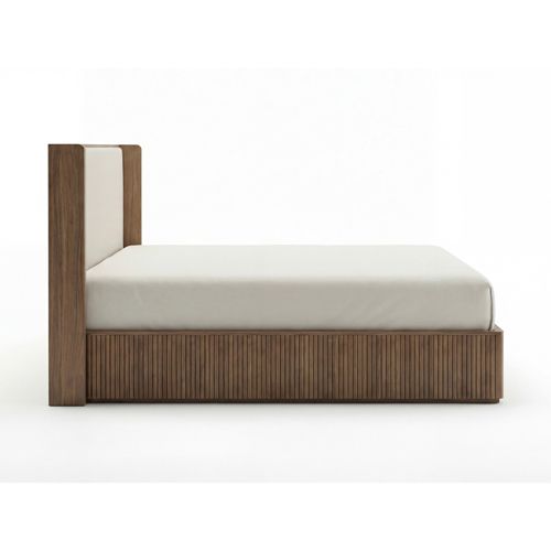 Arlo queen bed frame, solid rubber wood fluted sides in oak finish