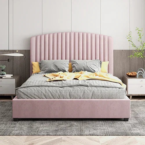 Camelia Double Size Bed Frame Pink Velvet Upholstery High Headboard Quality Slats Metal Structure - Stacks Warehouse