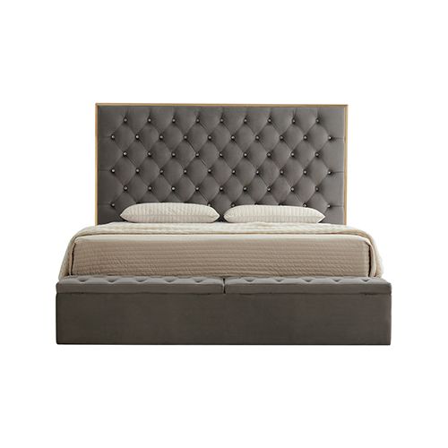 Diamond tufting detail on the Helena king bed headboard