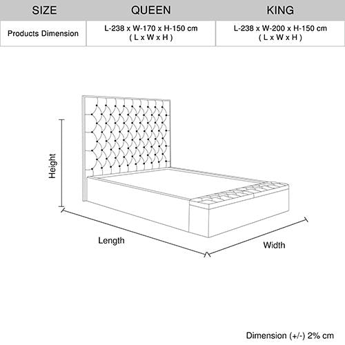 Measurement guide for the Helena king bed frame, 238 x 200 x 150cm