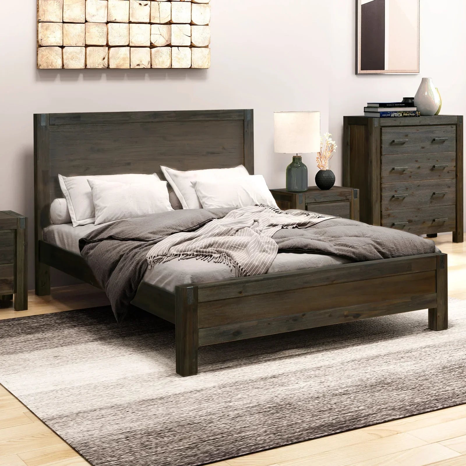 Bed Frame King Size in Solid Wood Veneered Acacia Bedroom Timber Slat in Chocolate - Stacks Warehouse