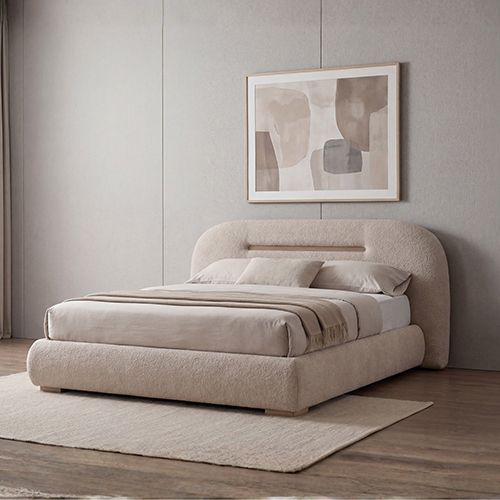 Poppy king bed, padded headboard with brushed copper-tone stainless steel detailing