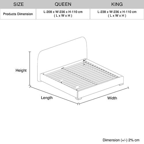 Poppy king upholstered bed frame, 238 x 236 x 110cm, 260kg capacity