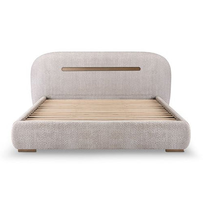 Poppy queen bed, stainless steel legs and low-profile footboard