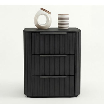 Arlo bedside table, three drawers on ball-bearing runners with aluminium handles