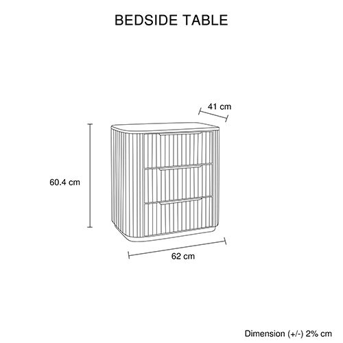Arlo bedside table, solid rubber wood fluted detailing, 62 x 41 x 60.4cm