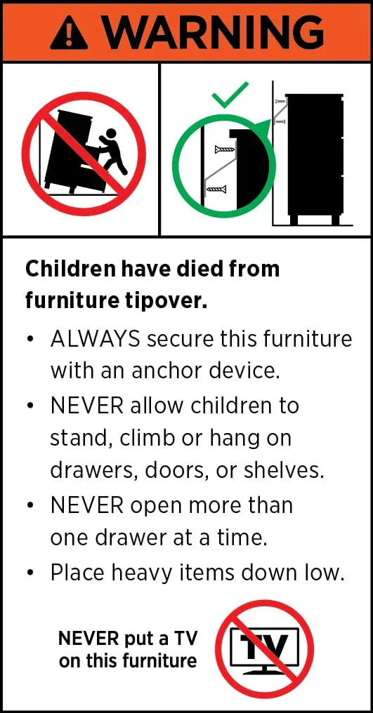 Furniture tip-over warning label with safety icons and child safety instructions.