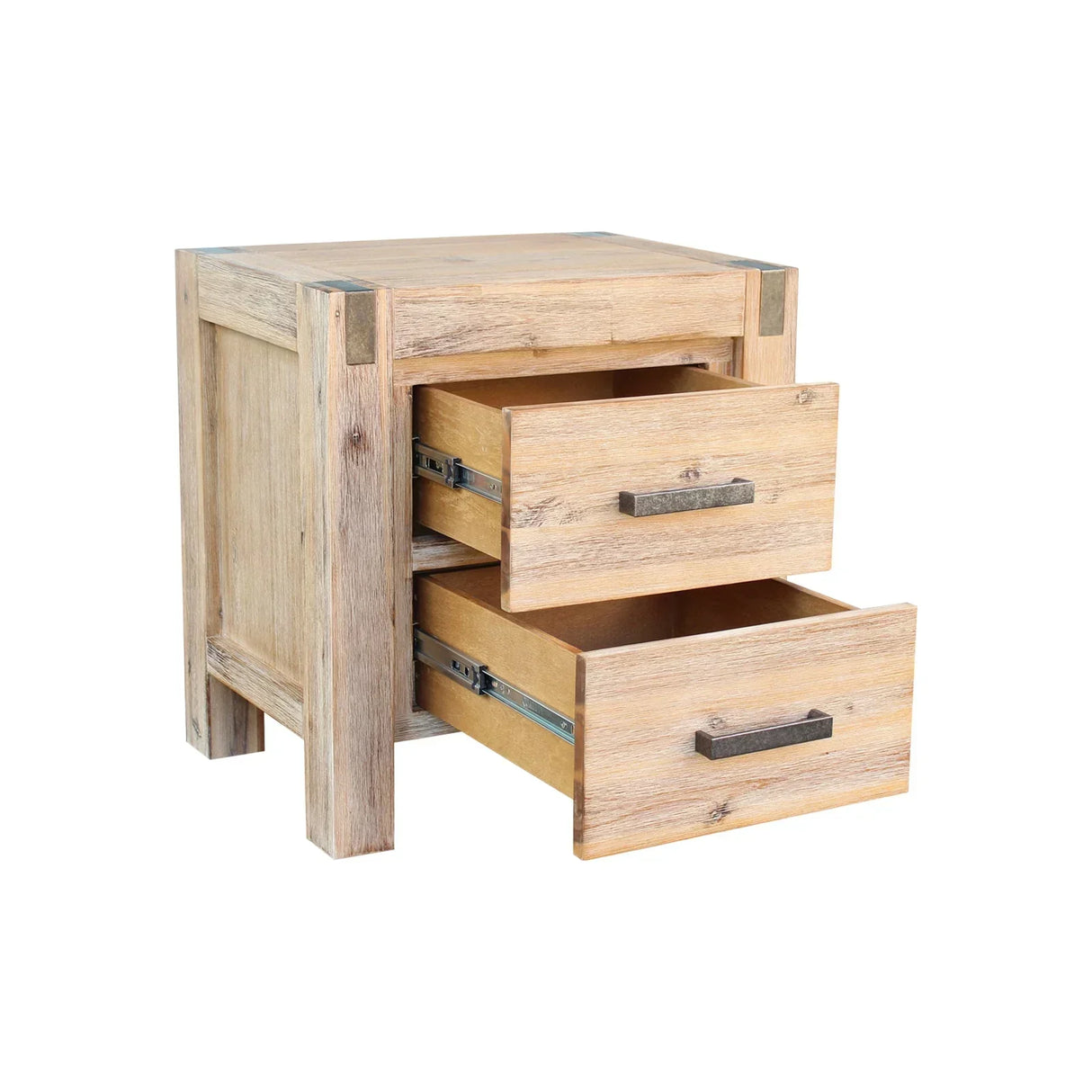 Oak wood nightstand with two open drawers and metal handles, rustic bedroom furniture