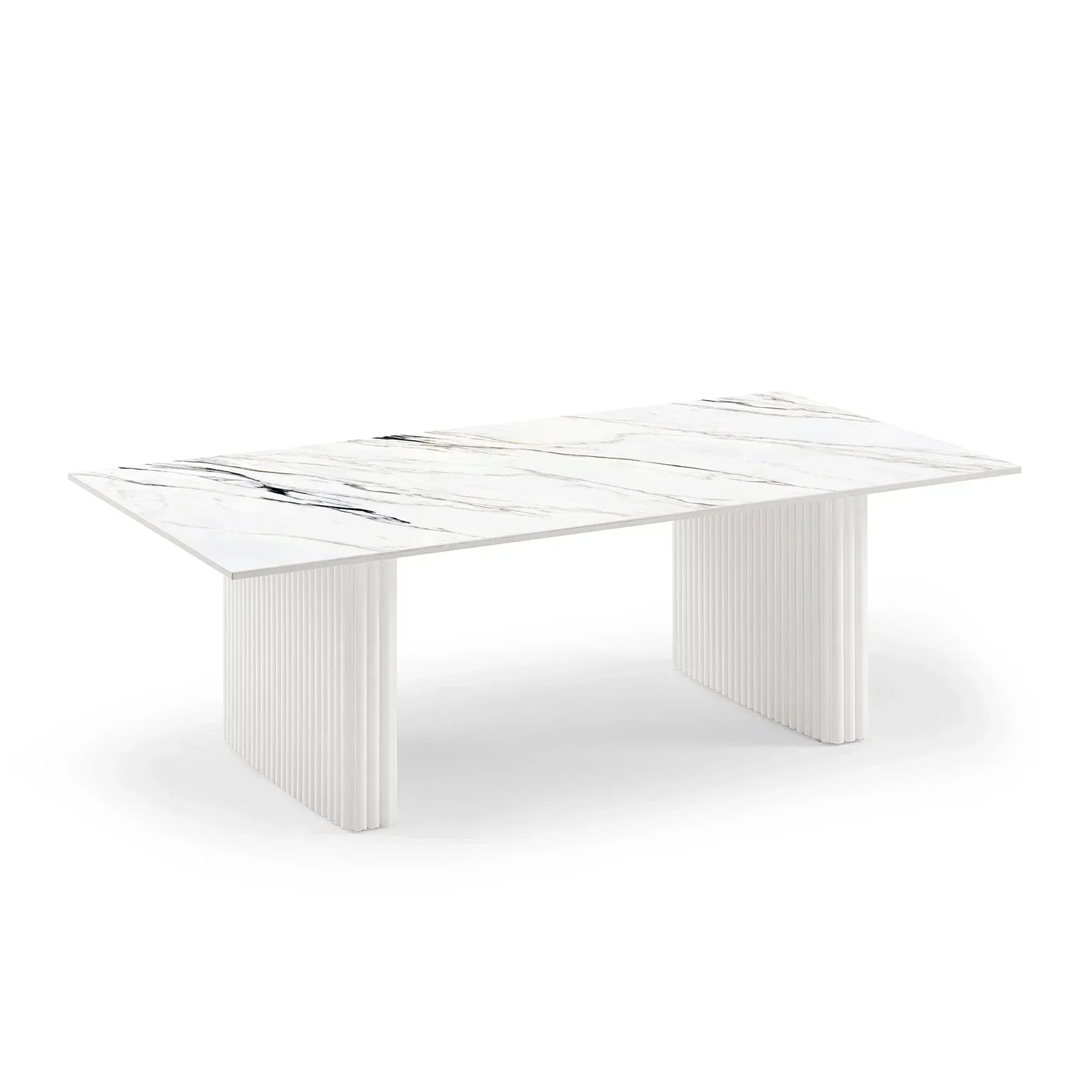 Modern rectangular marble dining table with white fluted pedestal legs