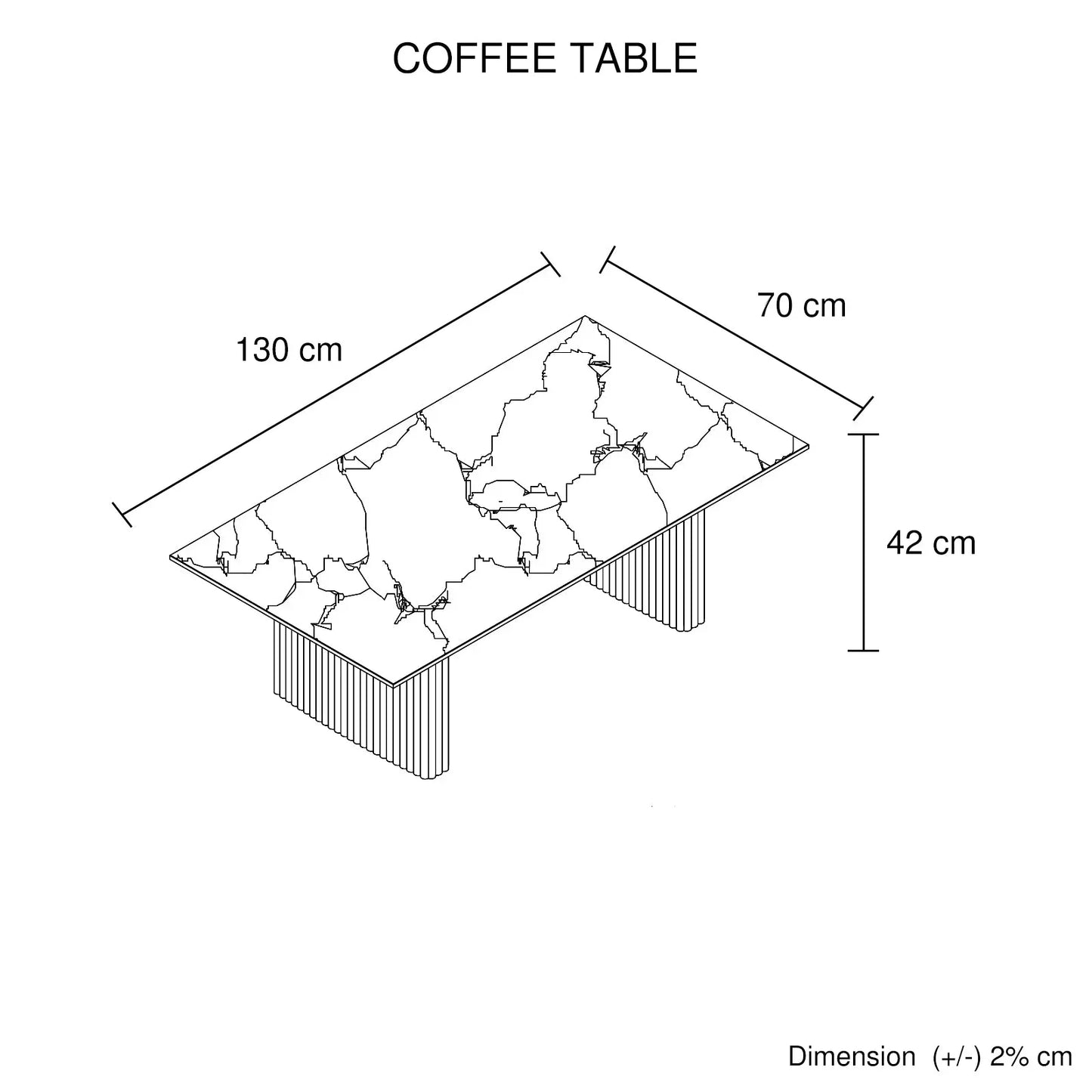 Rectangular marble coffee table with fluted legs, 130x70x42 cm, dimensions diagram.