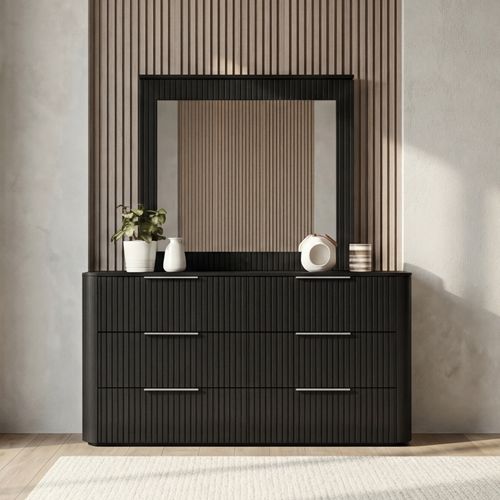 Arlo six drawer dresser with mirror in black, Stacks Warehouse AU