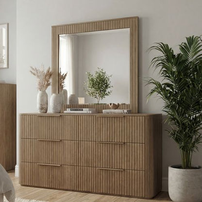Arlo six drawer dresser with mirror in oak, Stacks Warehouse AU