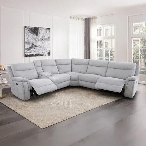 Large Corner Modular Lounge Suite in Light Grey Fabric Electric Recliner - Stacks Warehouse
