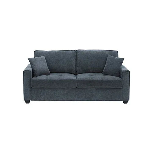 Modern dark blue fabric loveseat sofa with two matching cushions, isolated on white