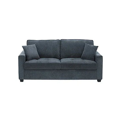 Modern dark blue fabric loveseat sofa with two matching cushions, isolated on white