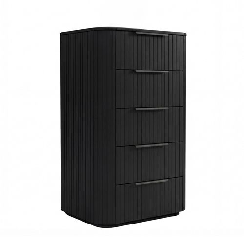 Arlo tallboy, five storage drawers with aluminium handles and ball-bearing runners