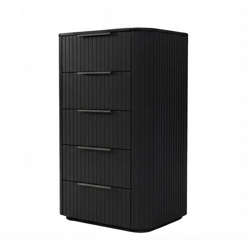 Arlo tallboy, vertical fluted solid rubber wood detailing in black finish