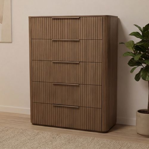 Arlo five drawer tallboy in oak, Stacks Warehouse AU